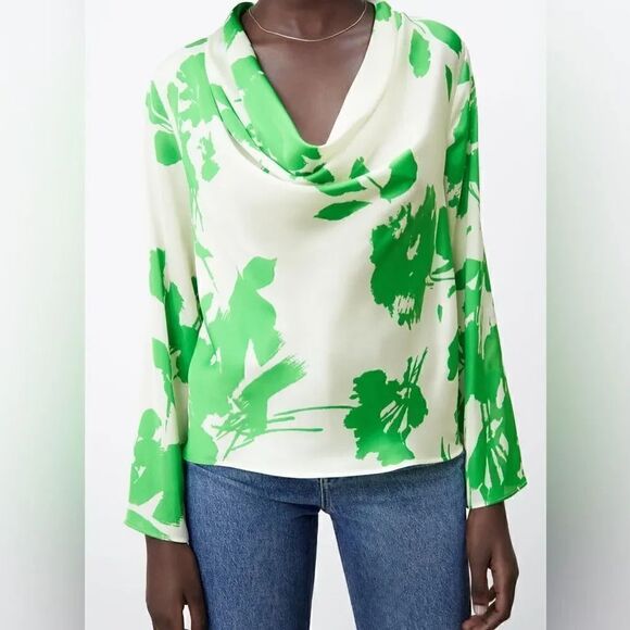 ZARA PRINTED BLOUSE WITH FLOWING NECKLINE - Picture 4 of 8